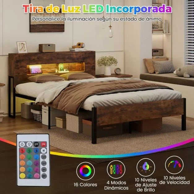 Estrutura Cama 200 x 140 cm com luzes LED (COLCHÃO NÃO INCLUIDO), cabeceira com espaço de armazenamento, tomadas elétricas e estrado de ripas Castanho
