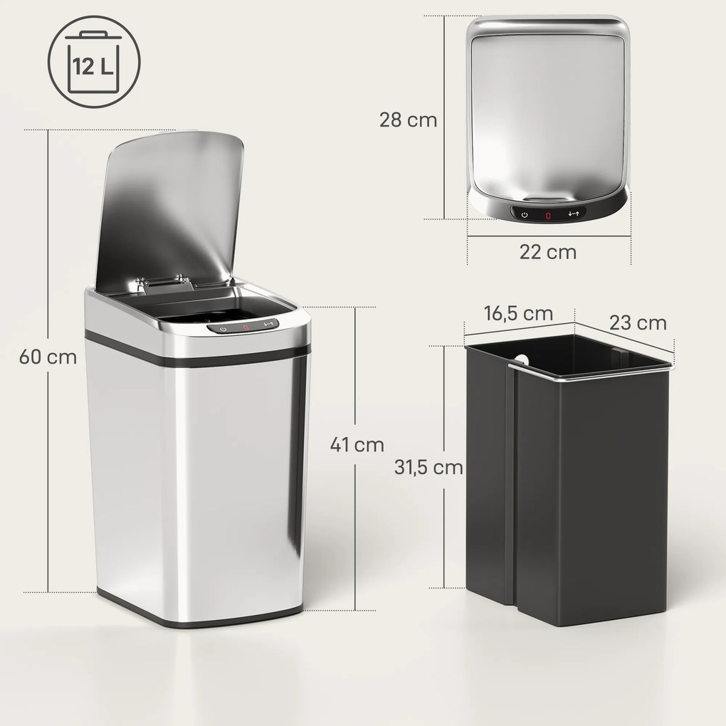 Caixote do lixo de cozinha automático de 12 L em aço inoxidável, com sensor e tampa, 28 x 22 x 41 cm, prateado