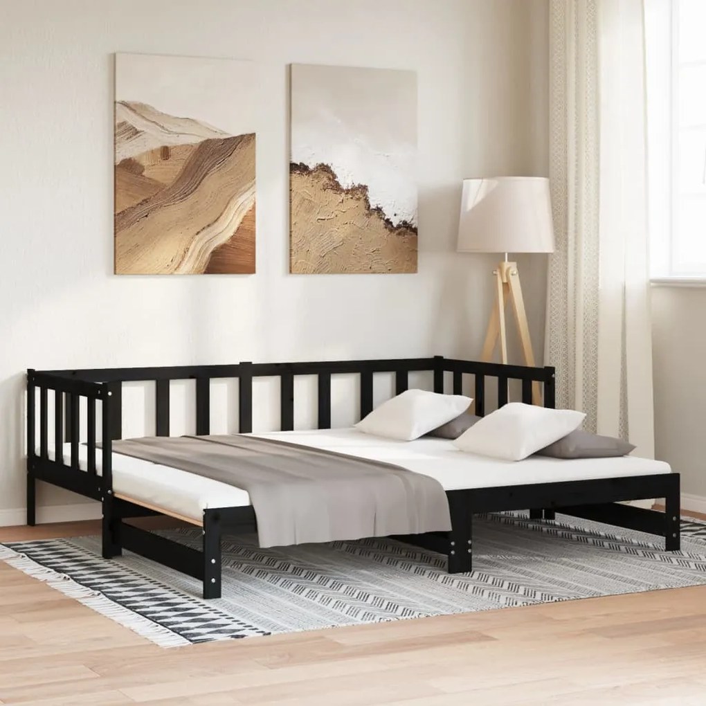 Estrutura sofá-cama de puxar 2x(90x190) cm pinho maciço preto