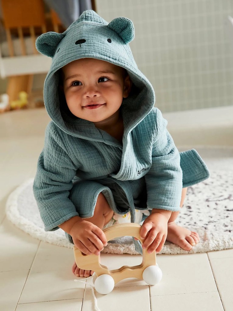 Roupão animal personalizável, em gaze de algodão bio*,  para bebé azul-medio