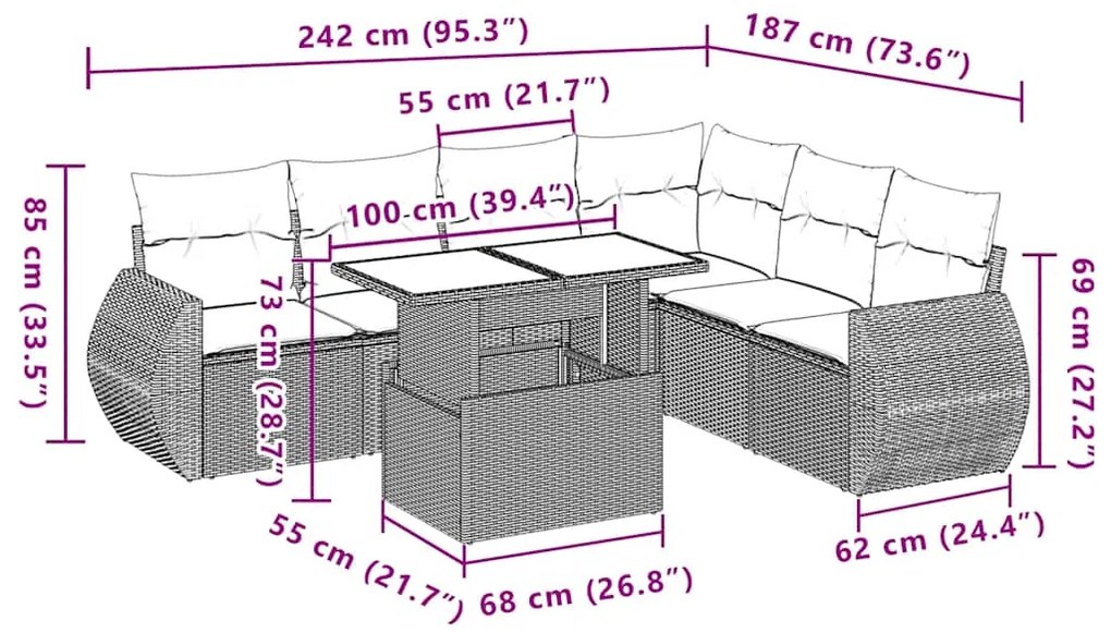 7 pcs conj. sofás jardim com almofadões vime PE cinzento-claro