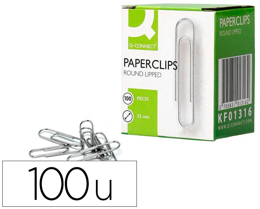 Clips Niquelados Q-Connect Labiado - N. 2 - 32 mm Caixa de 100 Unidades