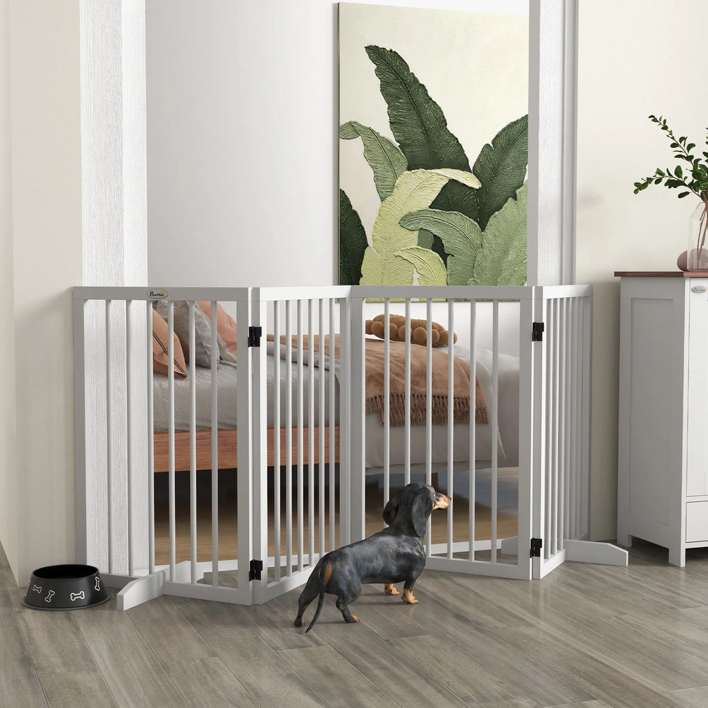 Barreira de segurança 206 x 35,5 x 76 cm modular e dobrável para animais de estimação com pé de apoio, madeira maciça, branca