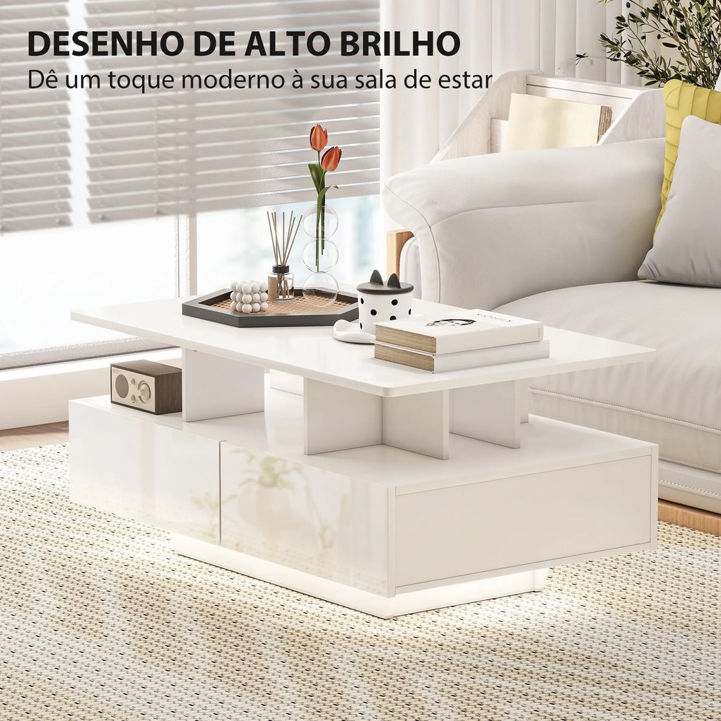 Mesa de Centro Moderna com LED 4 Gavetas Prateleira Aberta e Luzes LED de 16 Cores 90x55x41 cm Branco Brilhante