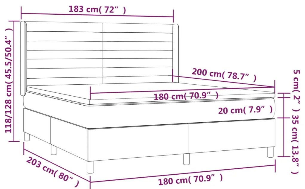 Cama box spring c/ colchão e LED 180x200 cm tecido preto