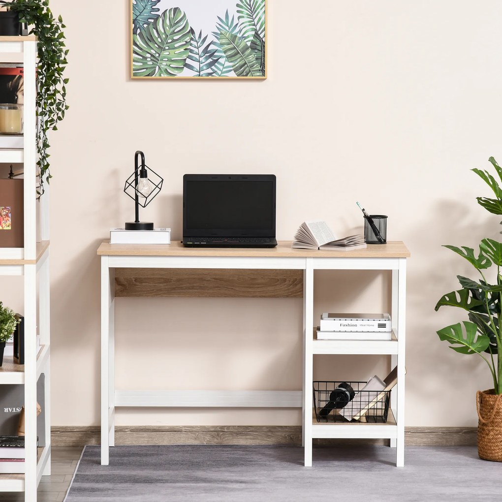 Secretária com 110 cm de comprimento x 48 cm de largura x 76 cm de altura, 2 prateleiras laterais em MDF E1, carvalho claro e branco