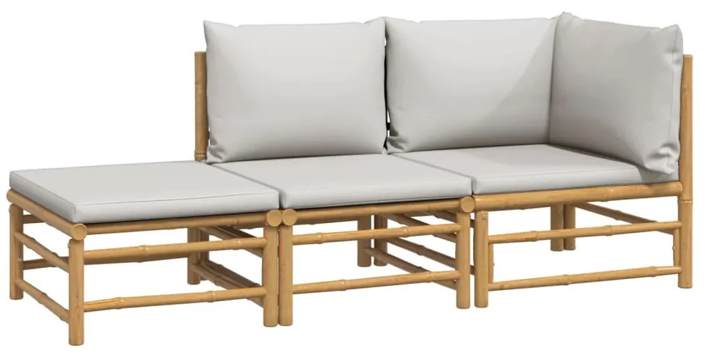 3 pcs conj. lounge de jardim bambu c/ almofadões cinzento-claro