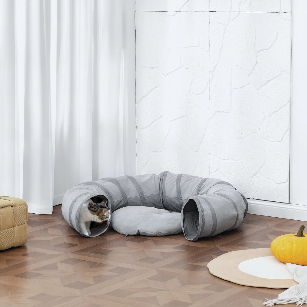 Túnel redondo para gatos de interior com cama e almofada, dobrável, com orifícios para bolas e mirilhão, Ø 90 x 27 cm, cinzento