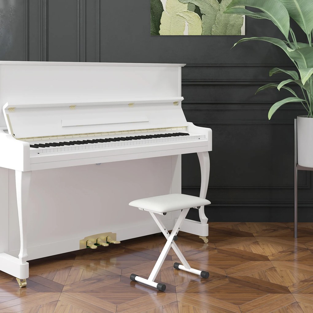 Banco de piano dobrável, banco de piano com altura ajustável, assento estofado em PU, 39 x 29 x 37-47 cm, branco