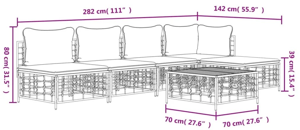 6 pcs conjunto lounge de jardim c/ almofadões vime PE antracite