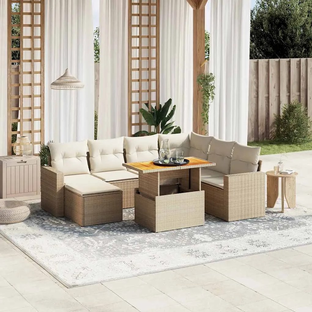 8 pcs conjunto de sofás p/ jardim com almofadões vime PE bege
