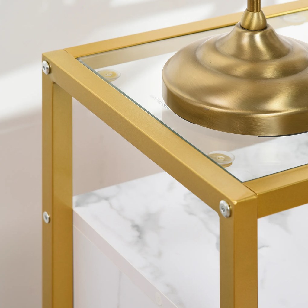 HOMCOM Mesa Consola Aparador de Entrada com Bancada de Vidro Temperado e Compartimento de Armazenamento Móvel de Entrada para Sala de Estar Estúdio 80x30x90cm Branco e Dourado