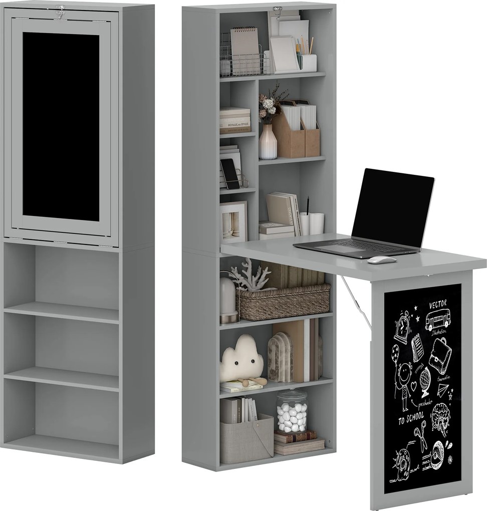 Secretária com arrumação dobrável, fixada à parede e rebatível, com estante, posto de trabalho, quadro de giz e prateleira ajustável