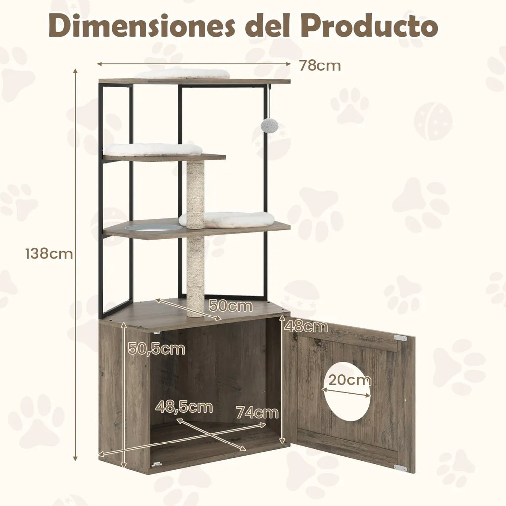 Arranhador para gatos 2 em 1 com recinto para caixa de areia 78 x 50 x 138 cm com 2 postes para arranhar 3 tapetes Orifício Castanho