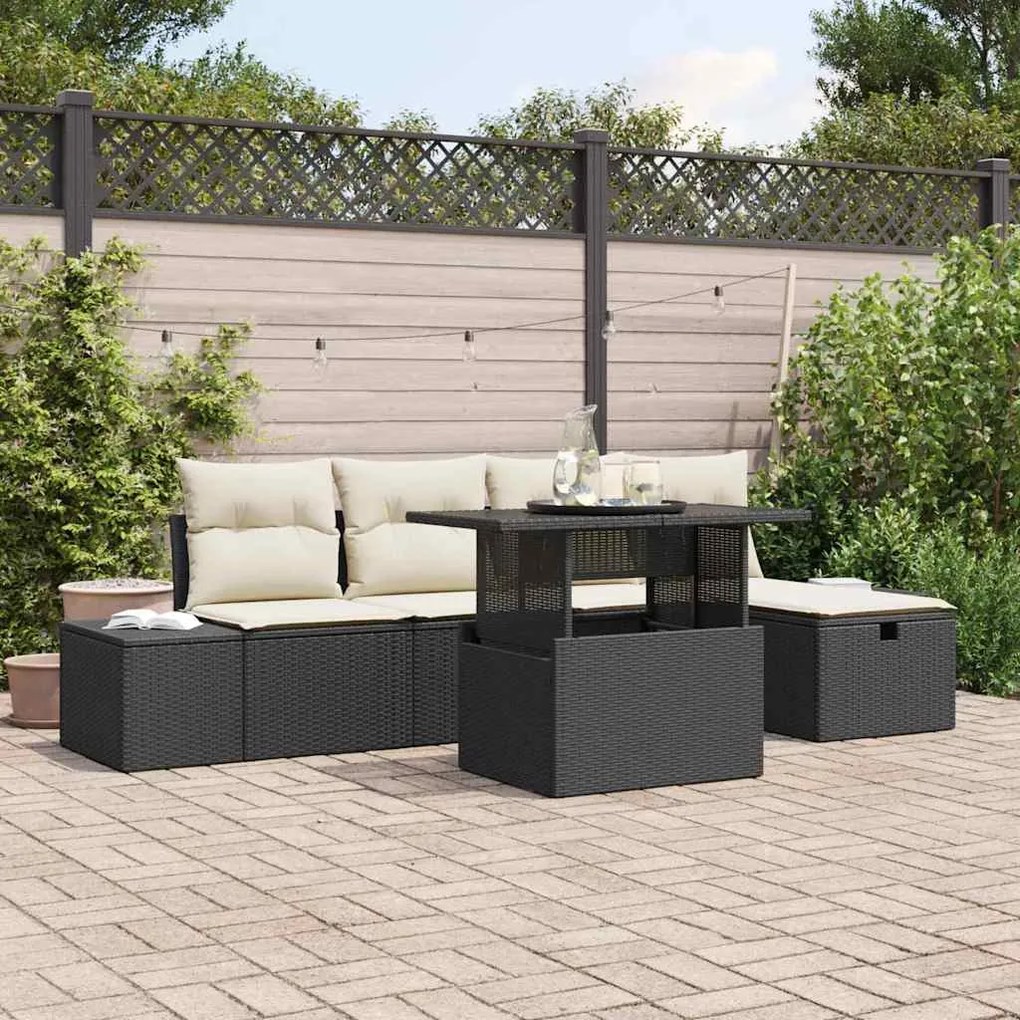 vidaXL Conjunto de Sofá de Jardim com 6 Peças e Almofadas, Preto, em Rattan Sintético.