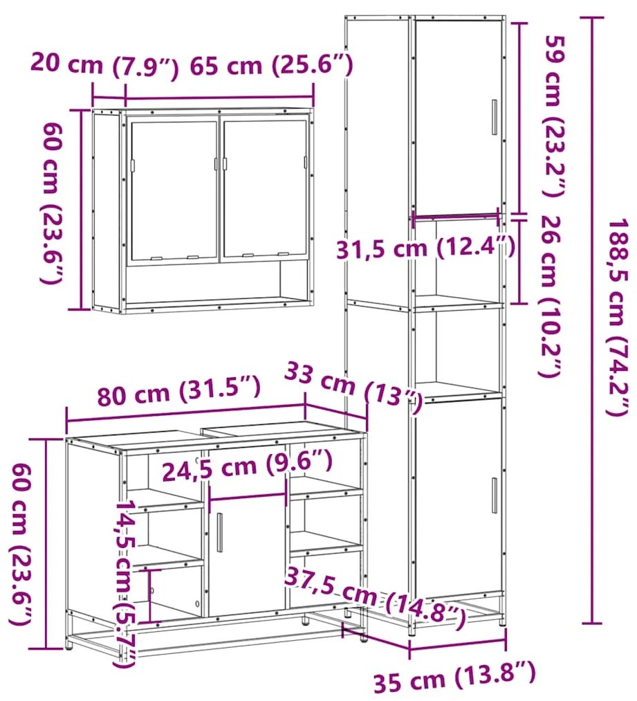 3 pcs Conjunto móveis casa de banho madeira proc. cinza sonoma