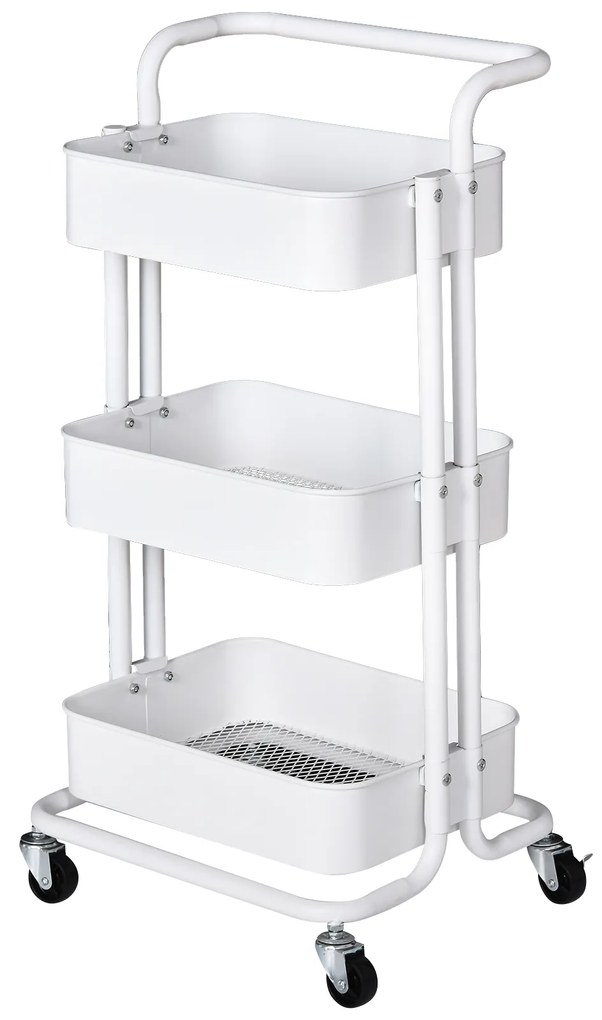 HOMCOM Carrinho Auxiliar de 3 Níveis com Rodas e 3 Prateleiras de Malha Metálica Carga de 20kg Branco 44x36x83cm