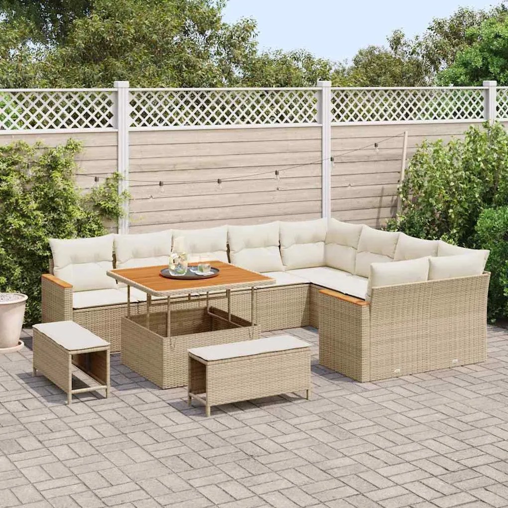 Conjunto de Sofá de Jardim 12 Peças com Almofadas Beje em Ratan Sintét