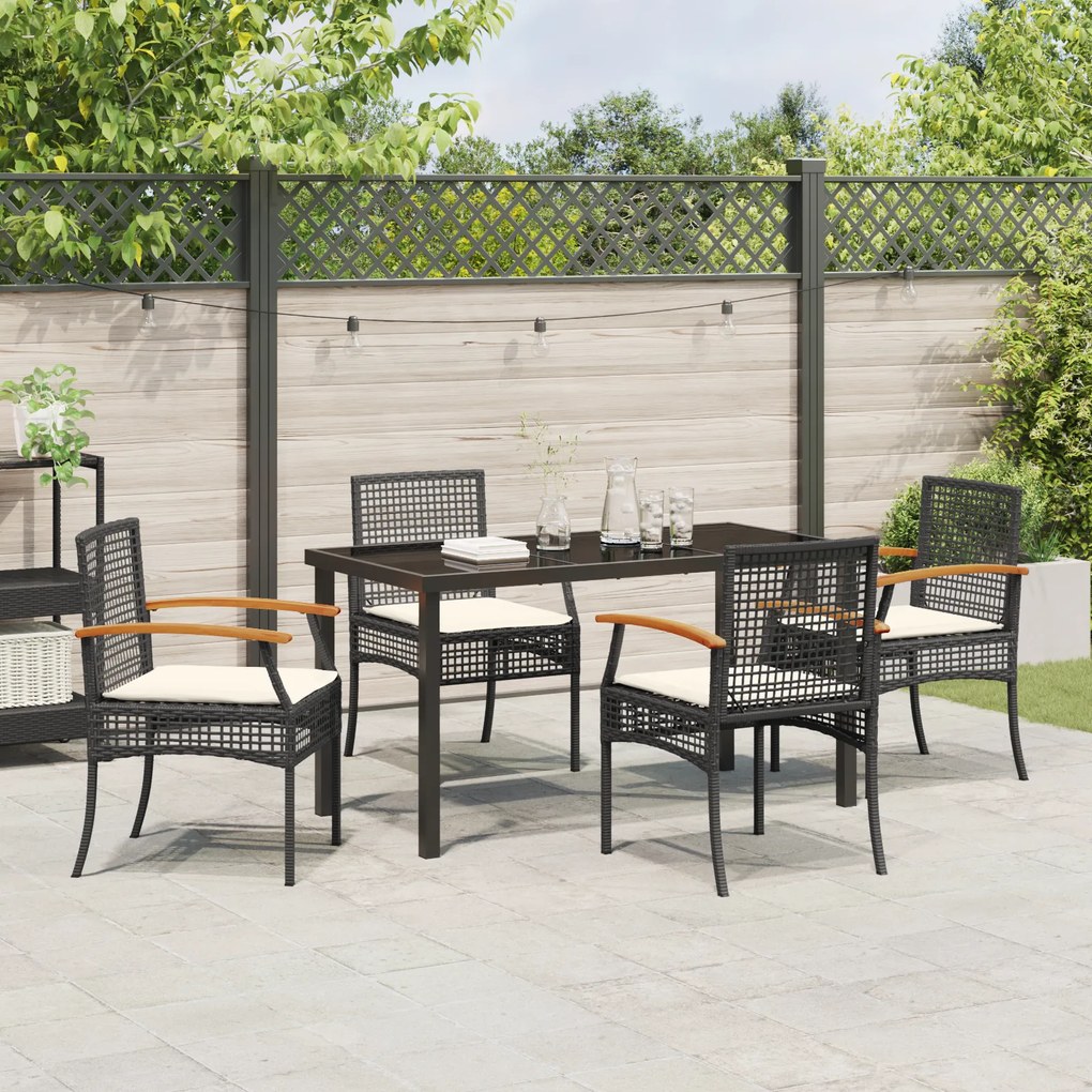 Conjunto de Jantar de Jardim com Almofadas Vime Poliéster Preto de 5 P