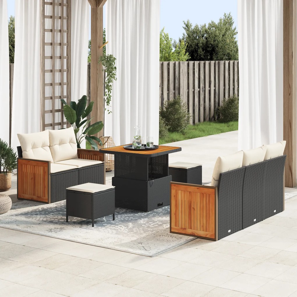 Conjunto de Sofá de Jardim vidaXL de 8 Peças com Almofadas Preto Vime
