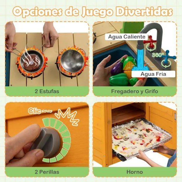 Cozinha para crianças ao ar livre 72 × 38 × 92 cm com fogões realistas, torneira, lava-louça, forno e acessórios de cozinha verde e amarelo