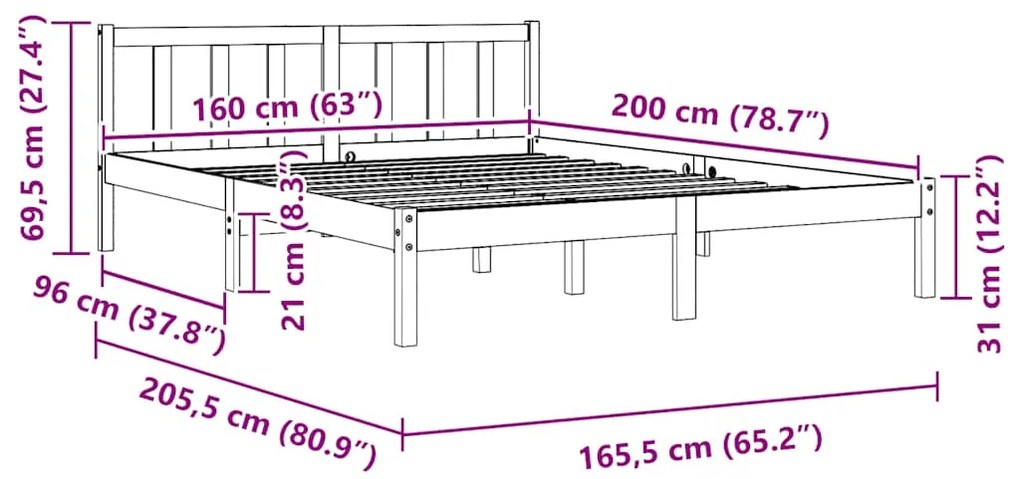 Estrutura de cama em pinho maciço 160x200 cm