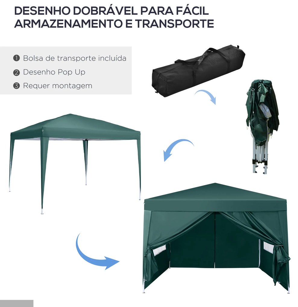 Outsunny Tenda de Jardim com Paredes Laterais Amovíveis Janelas Porta com Zíper e Bolsa de Transporte 295x295x195-258 cm Verde
