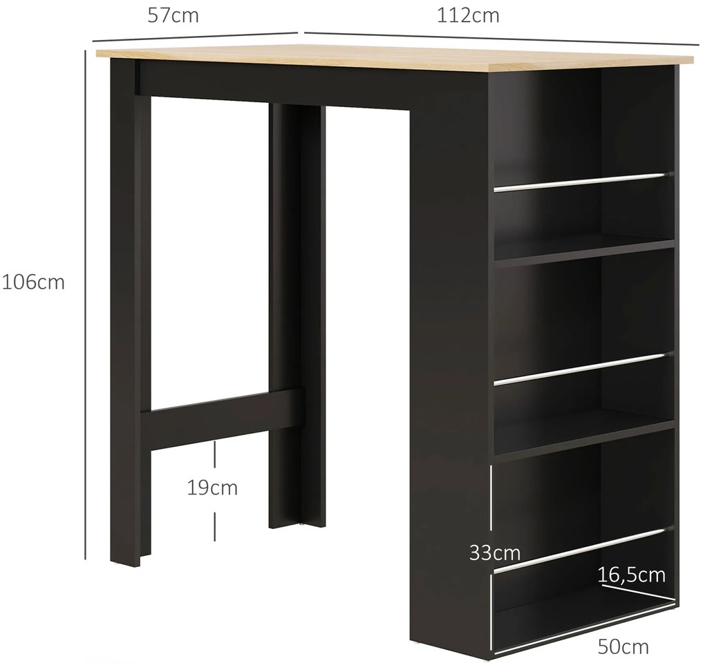 Mesa de Bar com 3 Prateleiras (BANCO NÃO INCLUÍDO) com Suporte Estilo Moderno para Cozinha Sala de Jantar 112x57x106 cm Preto e Madeira