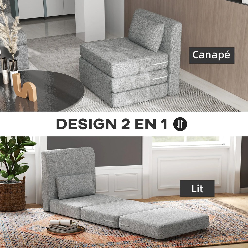 Sofá chão dobrável 3 em 1 com almofada 80L x 75P x 74A cm, convertível, colchão dobrável para hóspedes, sala de estar, escritório, cinzento