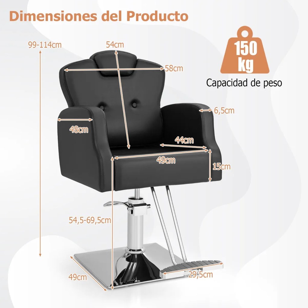 Cadeira de cabeleireiro hidráulica 99-114 cm com apoio de cabeça giratório de 360° com regulação da altura Carga 150 kg Preto