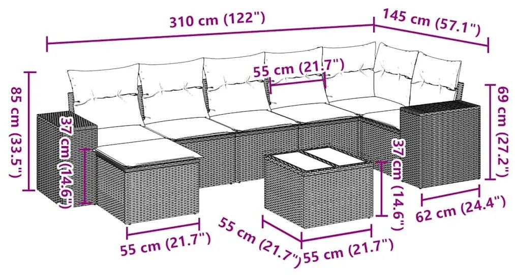 8 pcs conj. sofás jardim c/ almofadões vime PE cinzento-claro