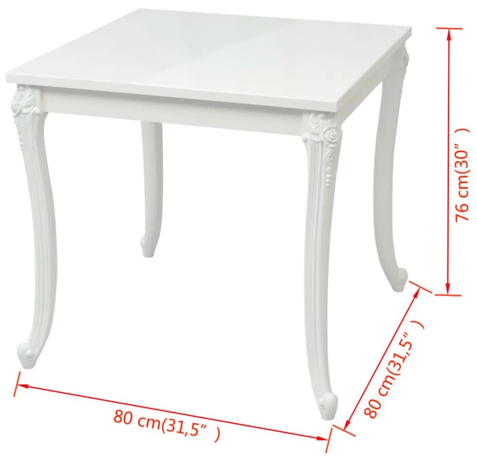 Mesa de jantar, 80x80x76 cm, branco brilhante