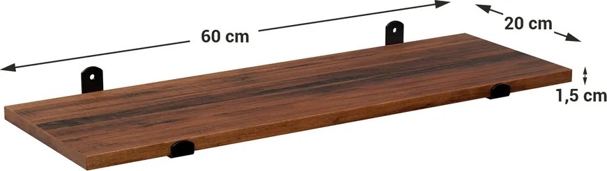 Prateleira de parede 20 x 60 x 7 cm, com capacidade para até 10 kg, castanho vintage e preto