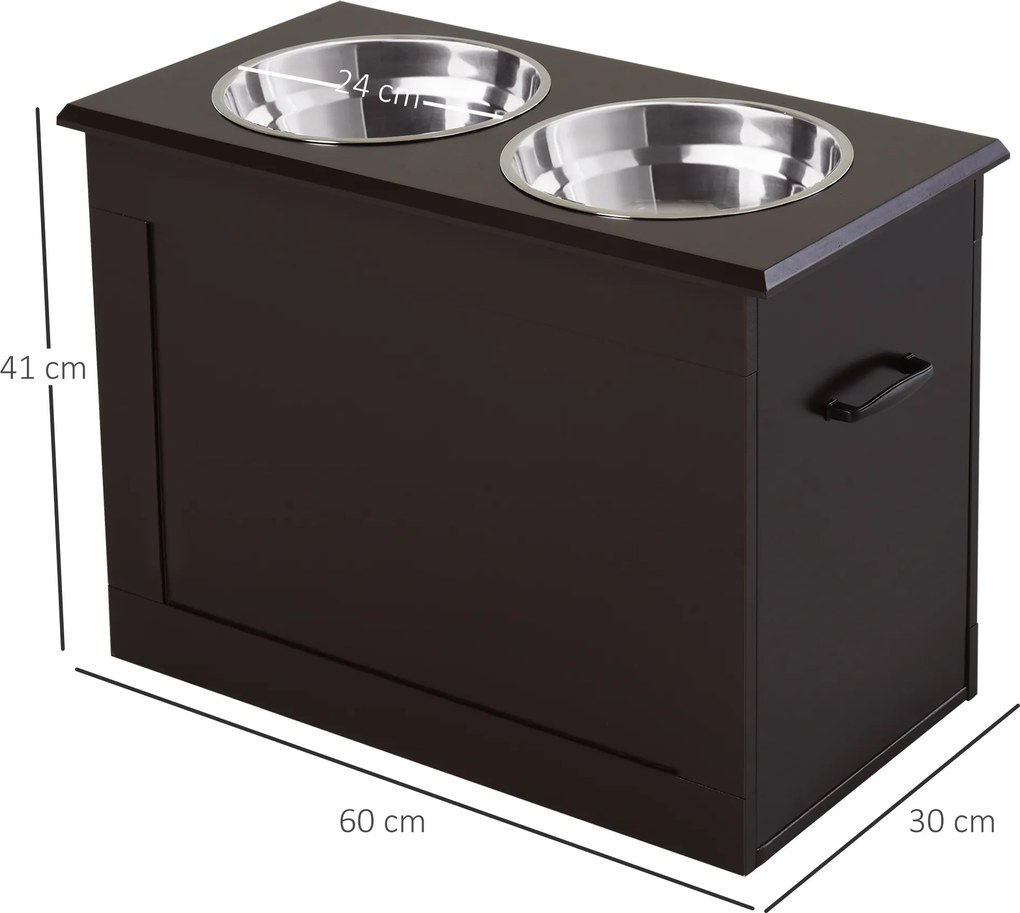 Comedouro Elevado para Cães com 2 Tigelas de Aço Inoxidável e Espaço de Armazenamento Oculto 60x30x41 cm Castanho Escuro