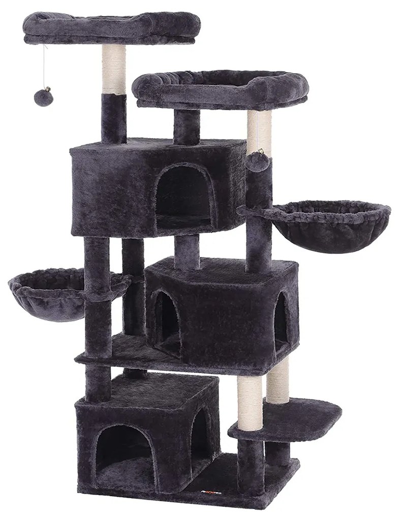 Árvore grande para gatos FEANDREA com 3 cavernas para gatos, torre para gatos de 164 cm, cinza esfumaçado PCT98G