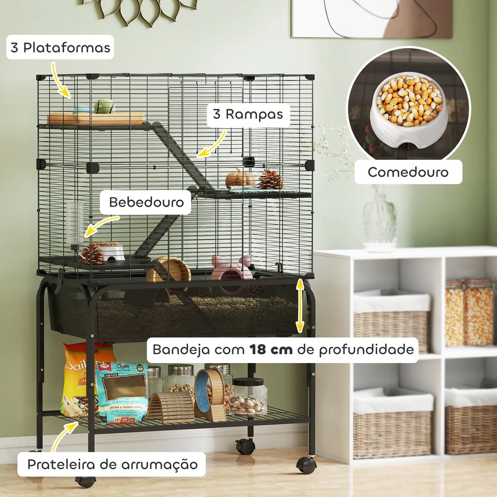 Gaiola para Pequenos Animais de 4 Níveis com Bandeja Inferior Rodas Rampas Comedouro e Bebedouro 73x47x123 cm Preto