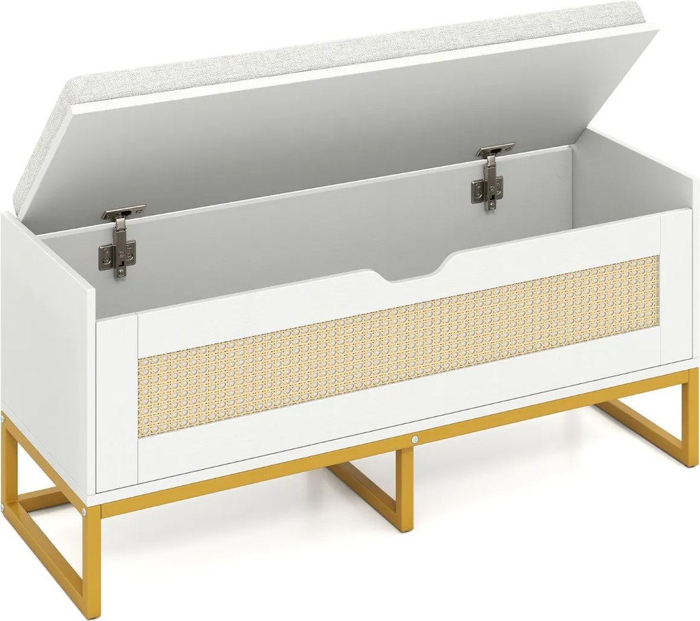 Banco com arrumação 100 x 35 x 44 cm com assento almofadado e dobradiças de segurança branco e dourado