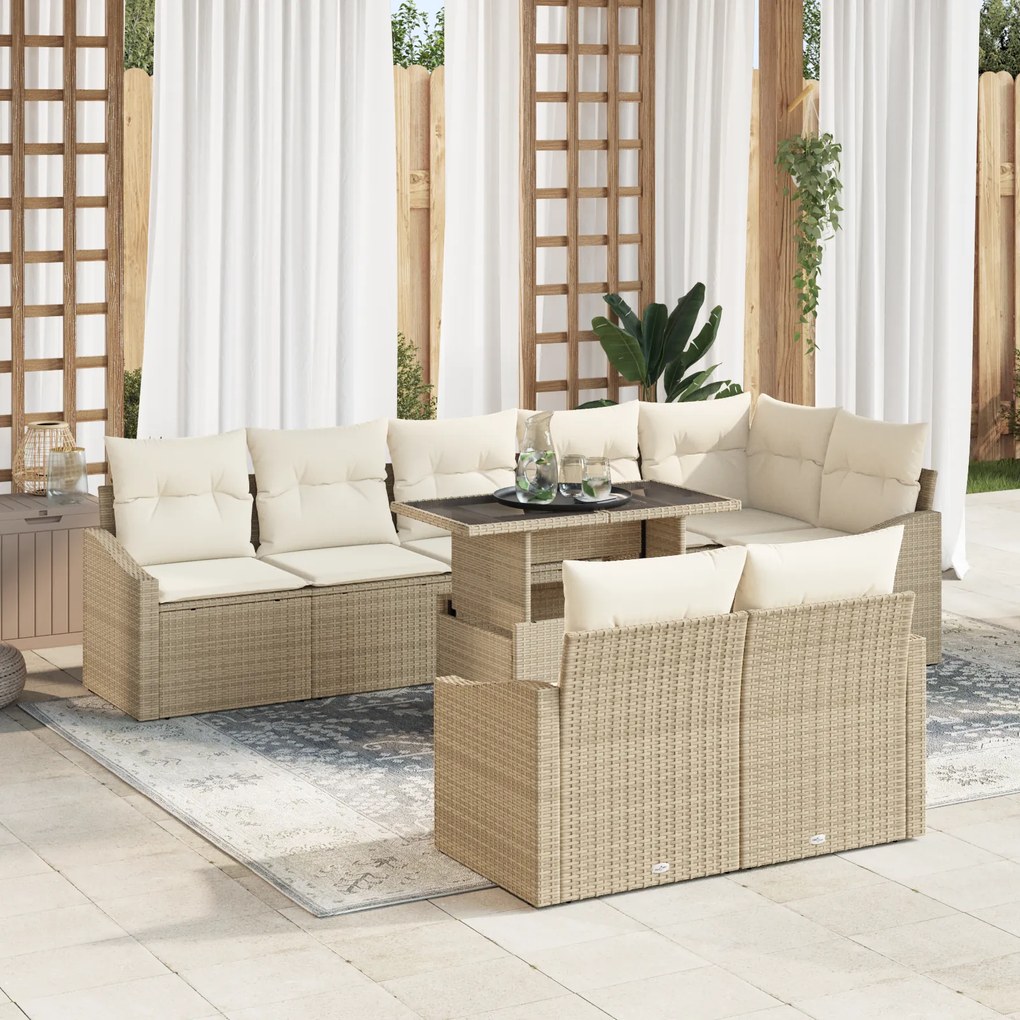 vidaXL Conjunto de Sofá para Jardim de 9 peças com Almofadas Bege de Rattan Polimérico