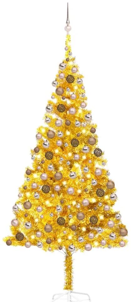3077607 vidaXL Árvore Natal artificial + luzes LED/bolas 240cm PET dourado