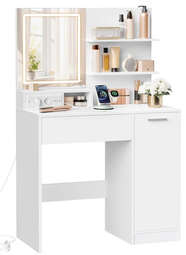 Toucador com espelho LED (BANCO NÃO INCLUIDO), gaveta e prateleiras abertas 40 x 80 x 132 cm Branco