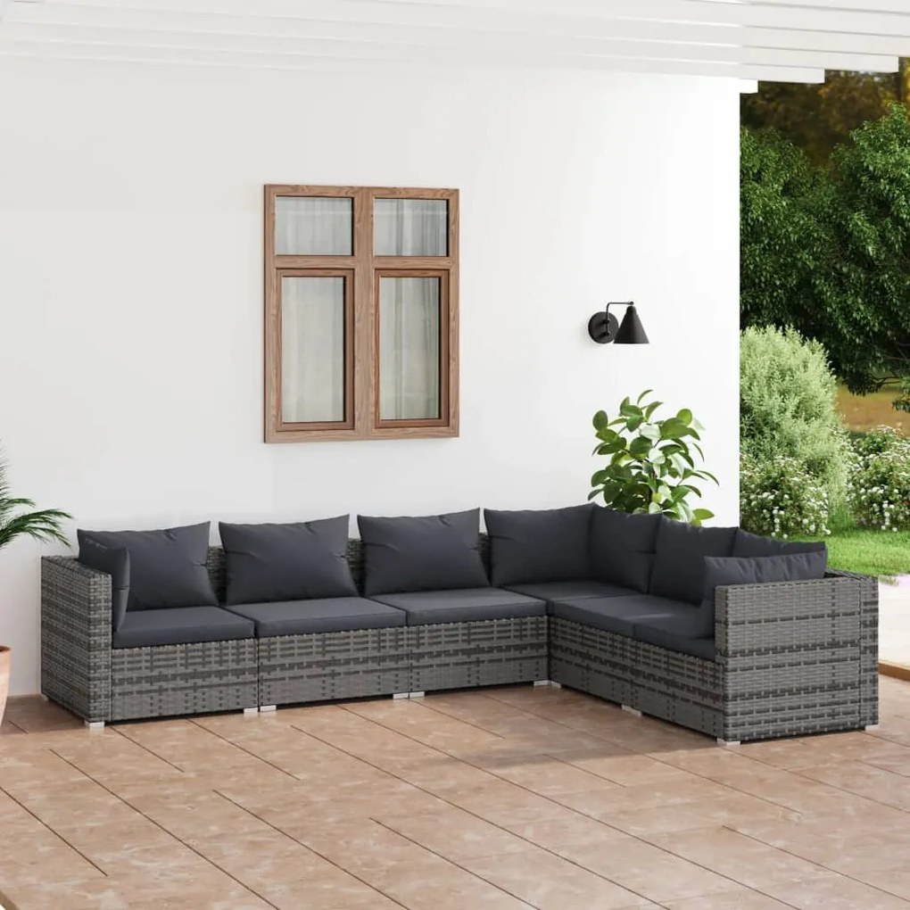 vidaXL 6 pcs conjunto lounge de jardim c/ almofadões vime PE cinzento