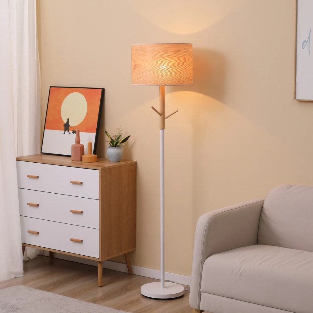 Candeeiro de Pé com Ganchos para Bolsa Chapéus Ecrã de PE Suporte para Lâmpada E27 Máx. 40W e Interruptor de Pé Moderno para Sala de Estar Dormitório Ø38x158cm Natural e Branco