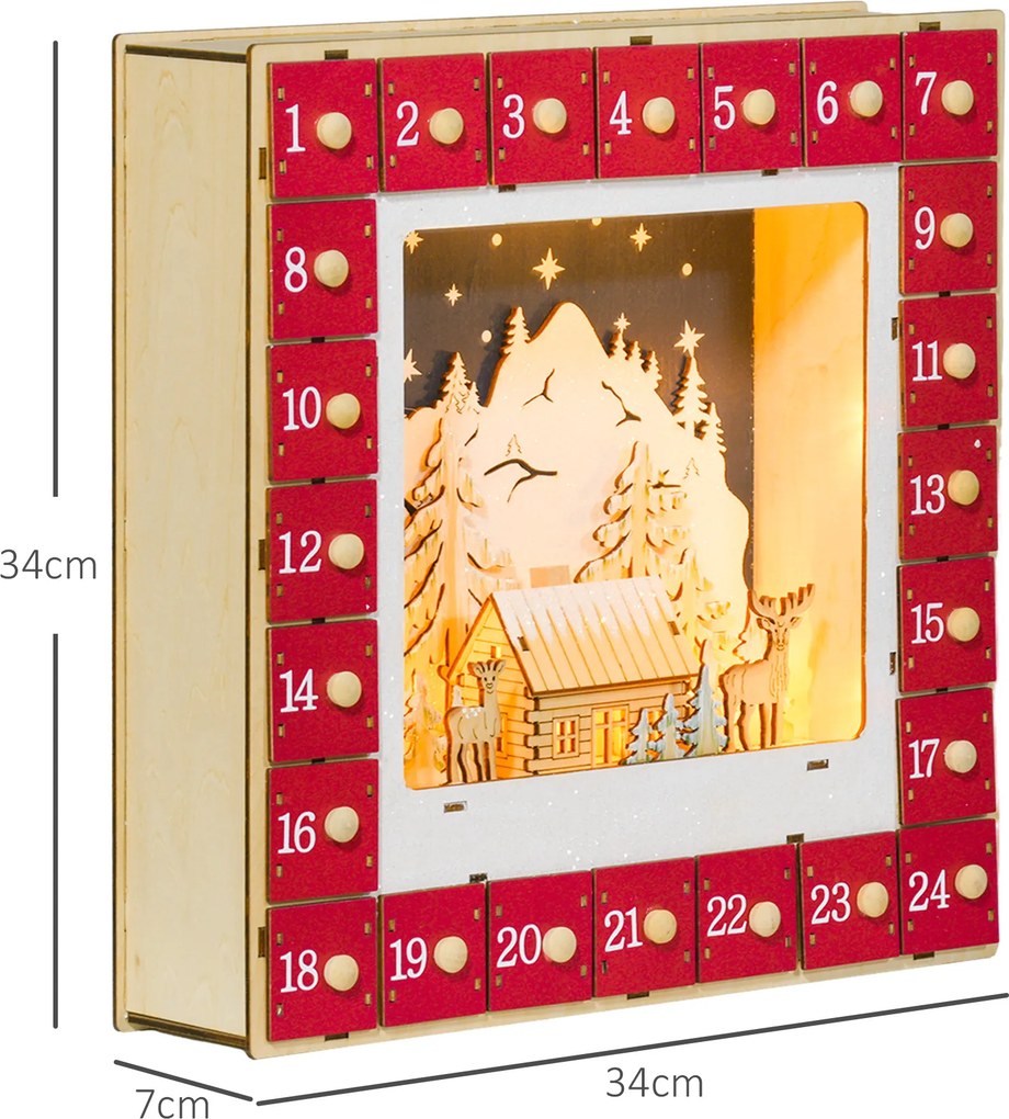Calendário do Advento com LED, decorações de Natal em madeira, 24 gavetas para encher, decoração luminosa, vermelho