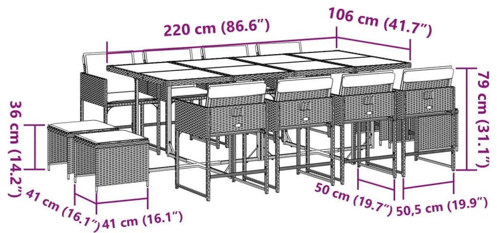 13 pcs conj. jantar jardim c/ almofadões vime PE cinzento-claro
