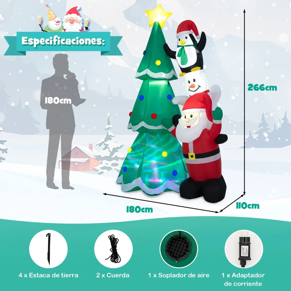 Árvore de Natal Insuflável com o Pai Natal Homem de Neve e Pinguim Decoração de Férias Insuflável com Iluminação Multicolor