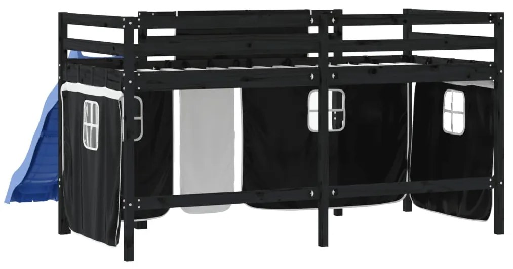 Cama alta criança c/ cortina 80x200cm pinho maciço branco/preto