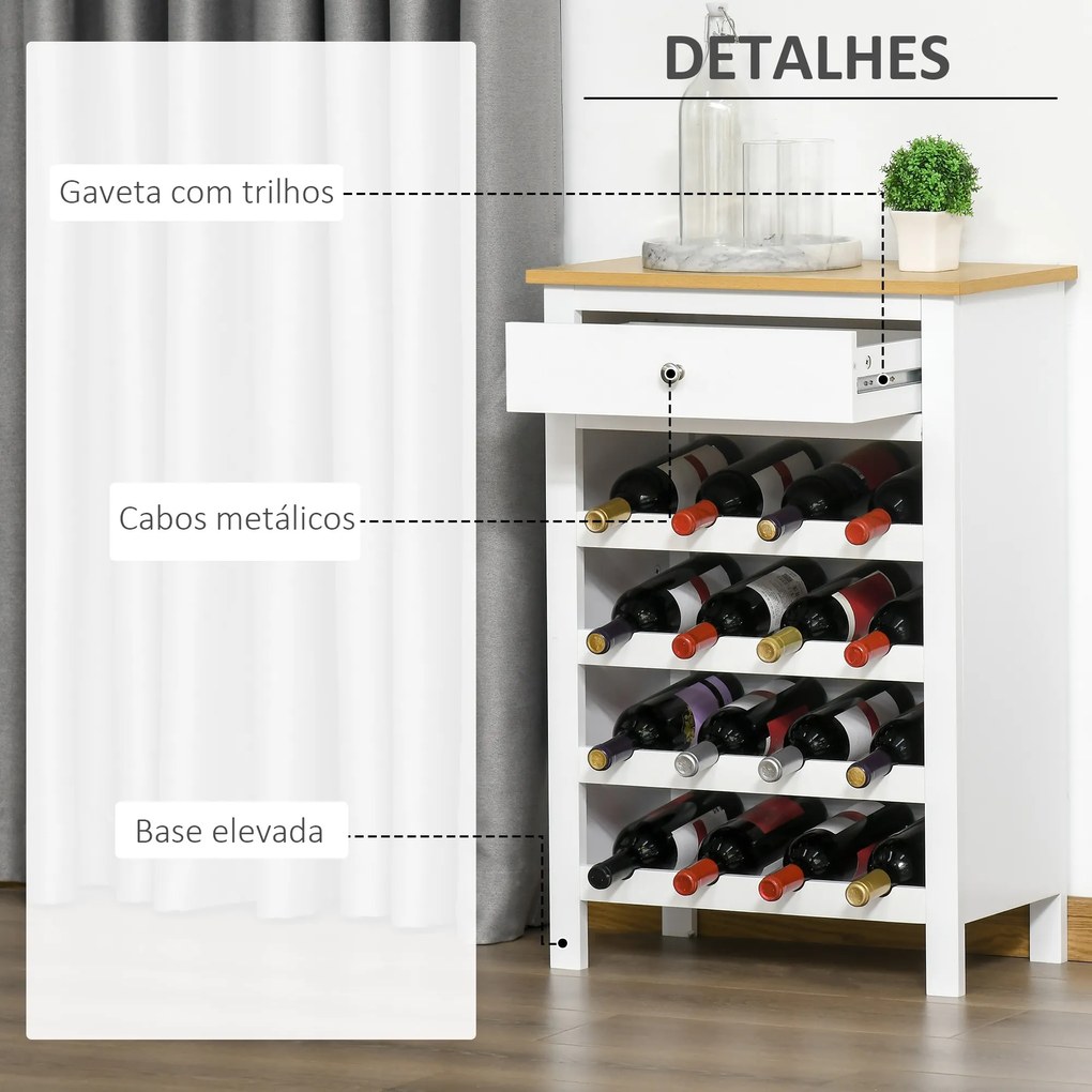 Aparador de Cozinha Moderno com 1 Gaveta e 4 Suportes para 16 Garrafas de Vinho Armário Auxiliar para Sala de Estar Anti-Tombo 55x30x80cm Branco