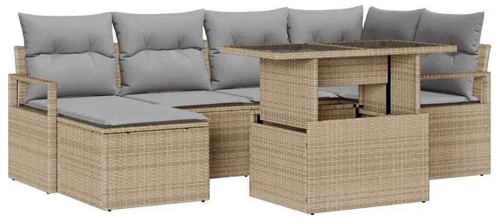 Conjunto de Sofá de Jardim de 7 Peças com Almofadas Bege Rattan Poliés