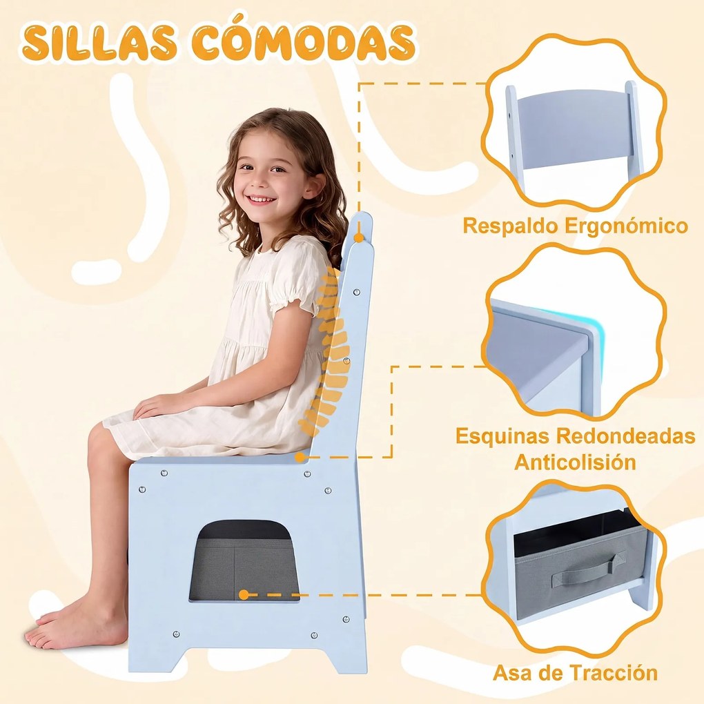 Conjunto de Mesa e Cadeiras Infantis, 62 x 62 x 56,5 cm, Tampo Reversível, Azul
