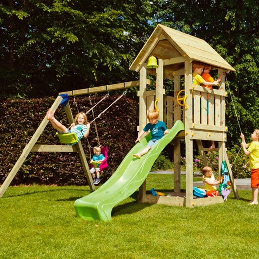 Parque Exterior infantil de madeira com escorrega Torre KIOSK Com Baloiço Duplo